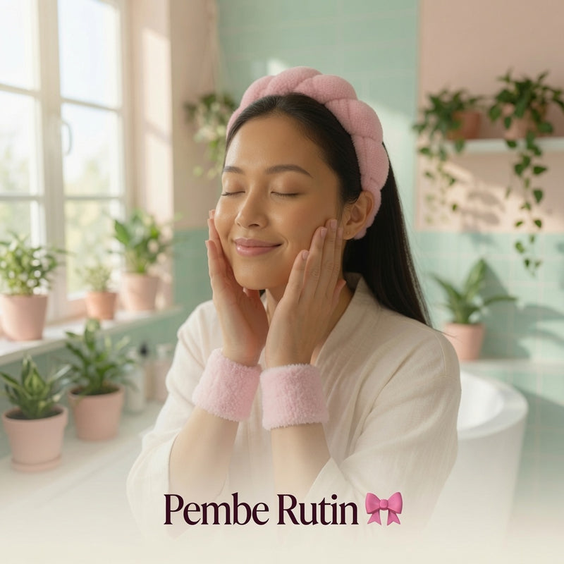 Pembe Rutin Spa Bandı Seti — cilt bakımı için pofuduk saç bandı ve havlu bileklikler